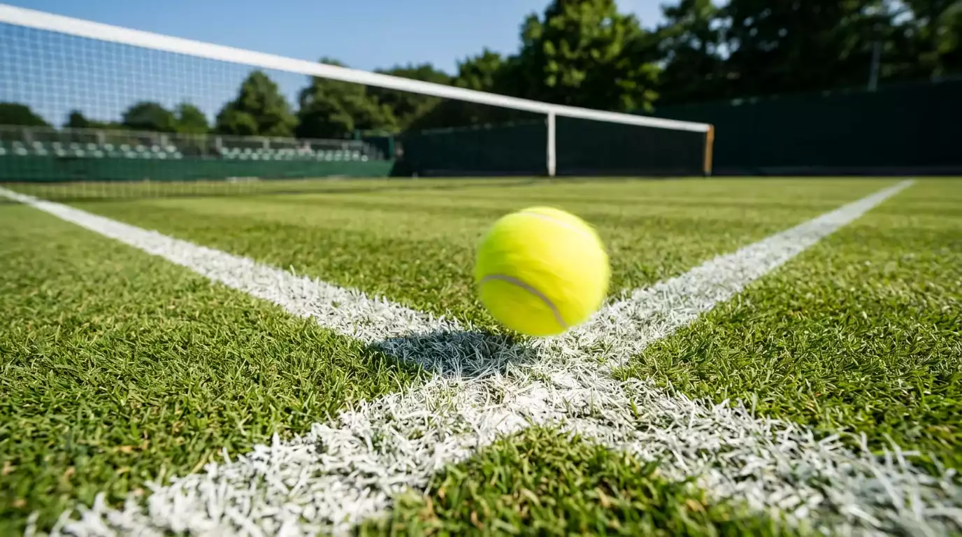 Pelota de tenis pasando a gran velocidad por encima de la red con líneas de movimiento en una pista de hierba