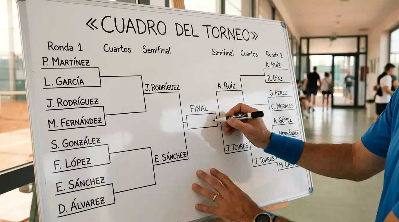 Cuadro de torneo de tenis dibujado en una pizarra con llaves y nombres de jugadores