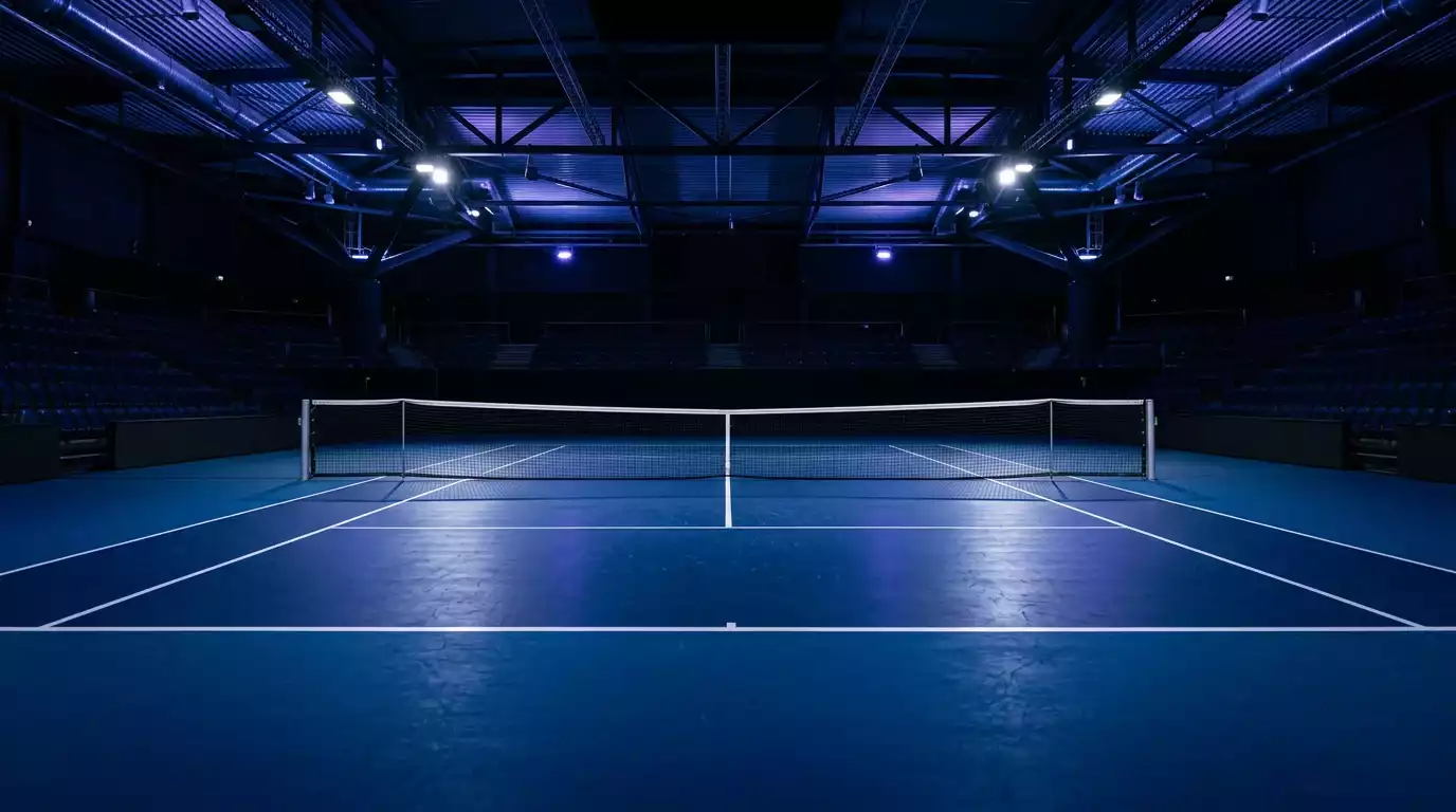 Pista de tenis indoor iluminada con luces de colores durante las ATP Finals en Turin