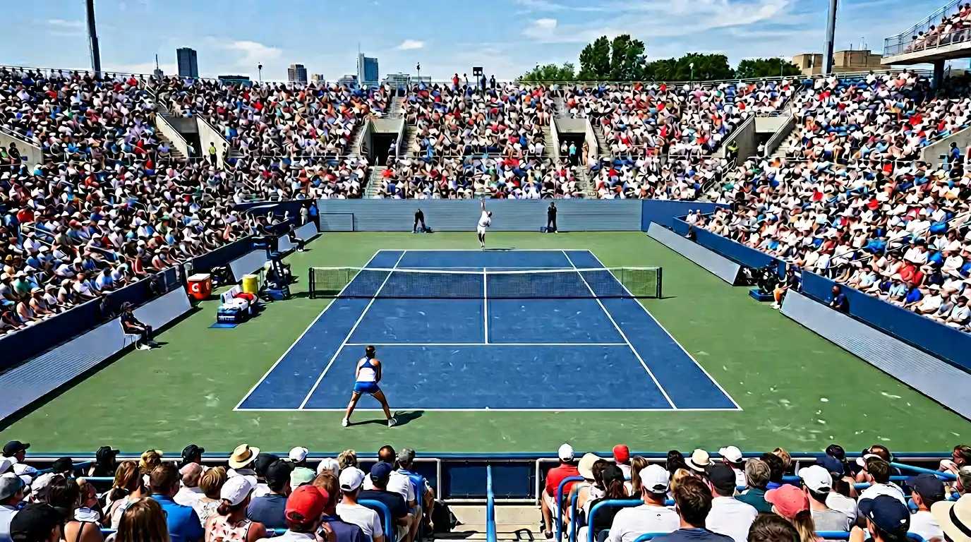 Panoramica de un estadio de tenis durante un torneo Masters 1000 con público en las gradas