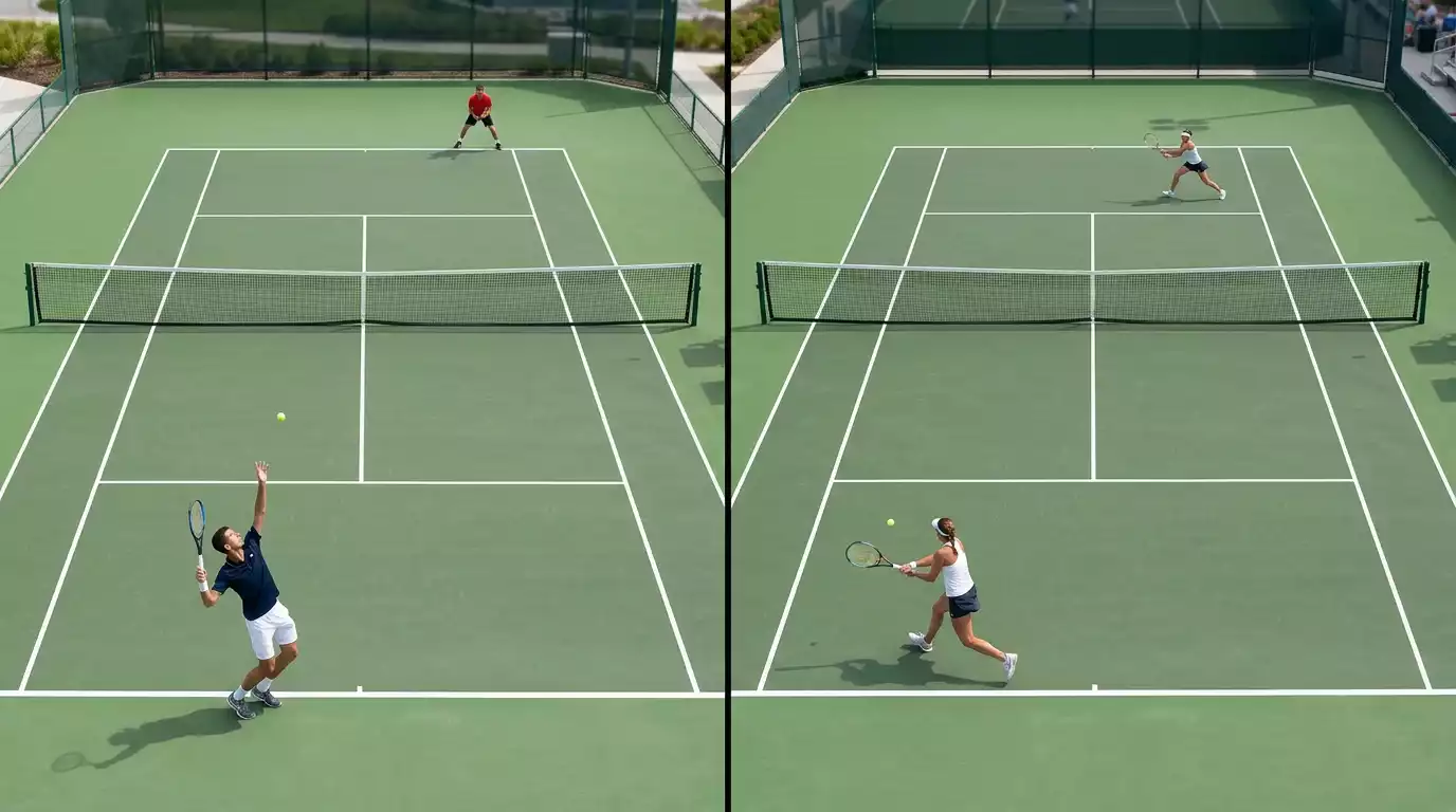 Dos pistas de tenis en paralelo mostrando partidos masculino y femenino