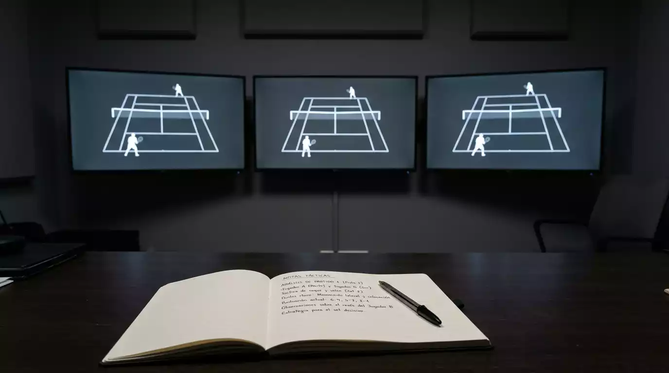 Tres partidos de tenis simultáneos vistos en monitores desde la perspectiva de un analista