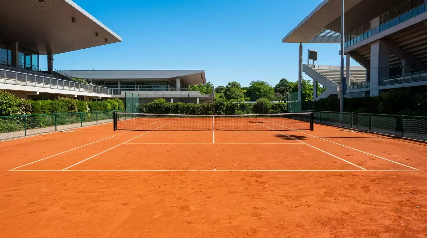 Pista de tierra batida del Madrid Open en la Caja Mágica con el cielo azul de Madrid al fondo
