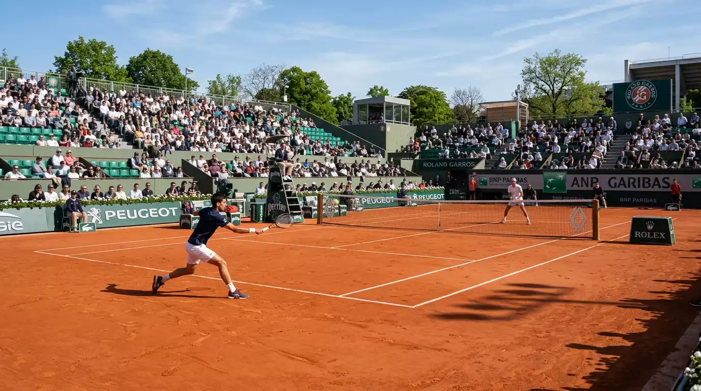 Pista de tierra batida de Roland Garros durante un partido con las gradas llenas