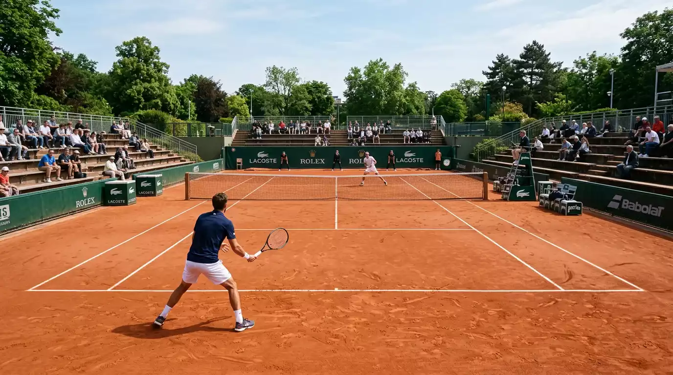 Pista de tenis de un torneo Challenger con gradas pequeñas y pocos espectadores durante un partido