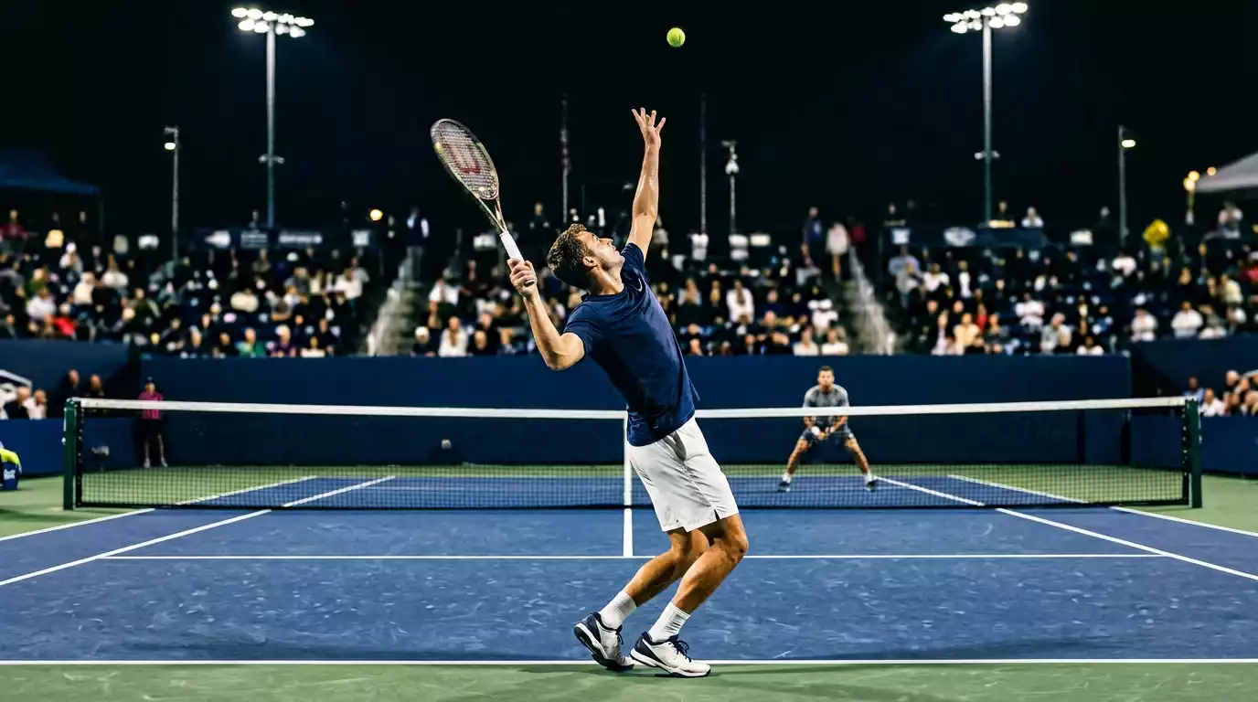 Jugador de tenis en pleno saque durante un partido nocturno con focos iluminando la pista
