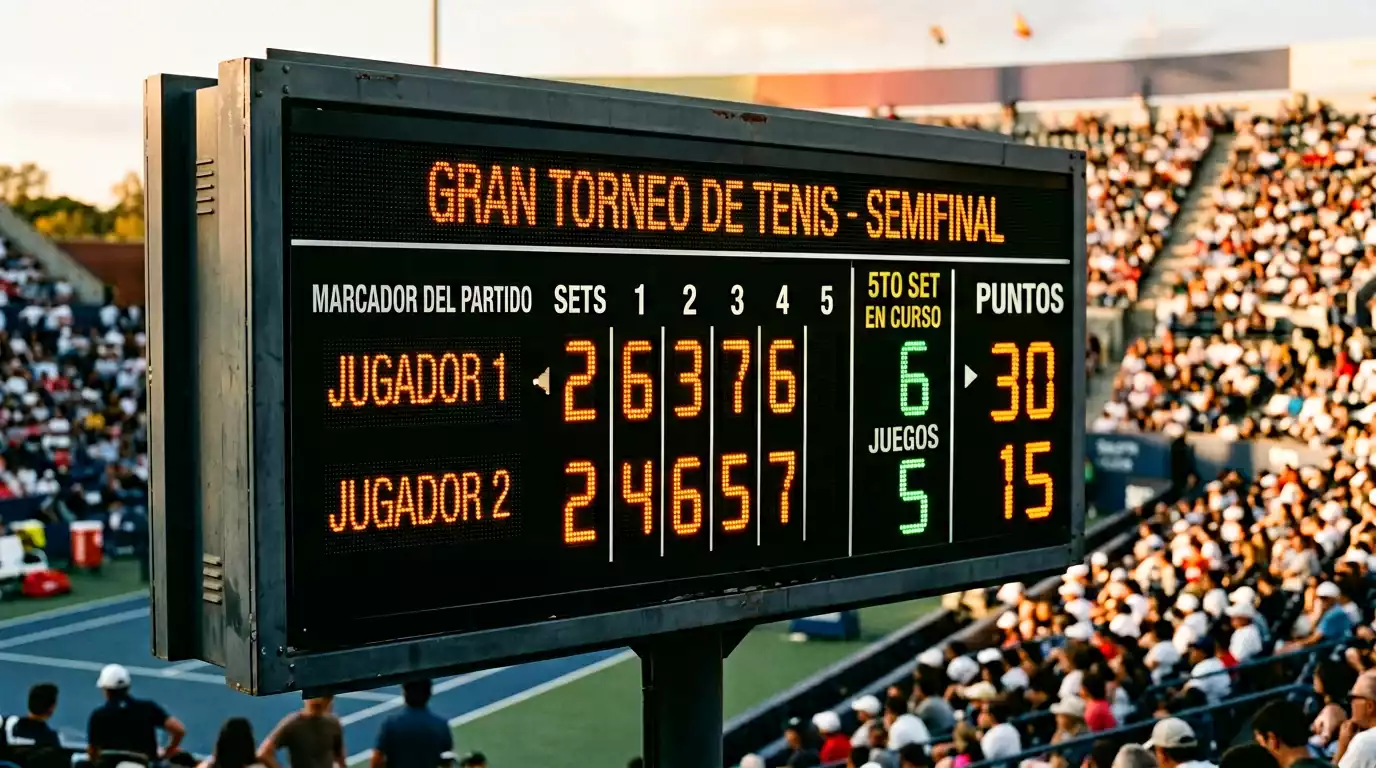 Marcador de Grand Slam mostrando un partido de tenis a cinco sets en una pista central