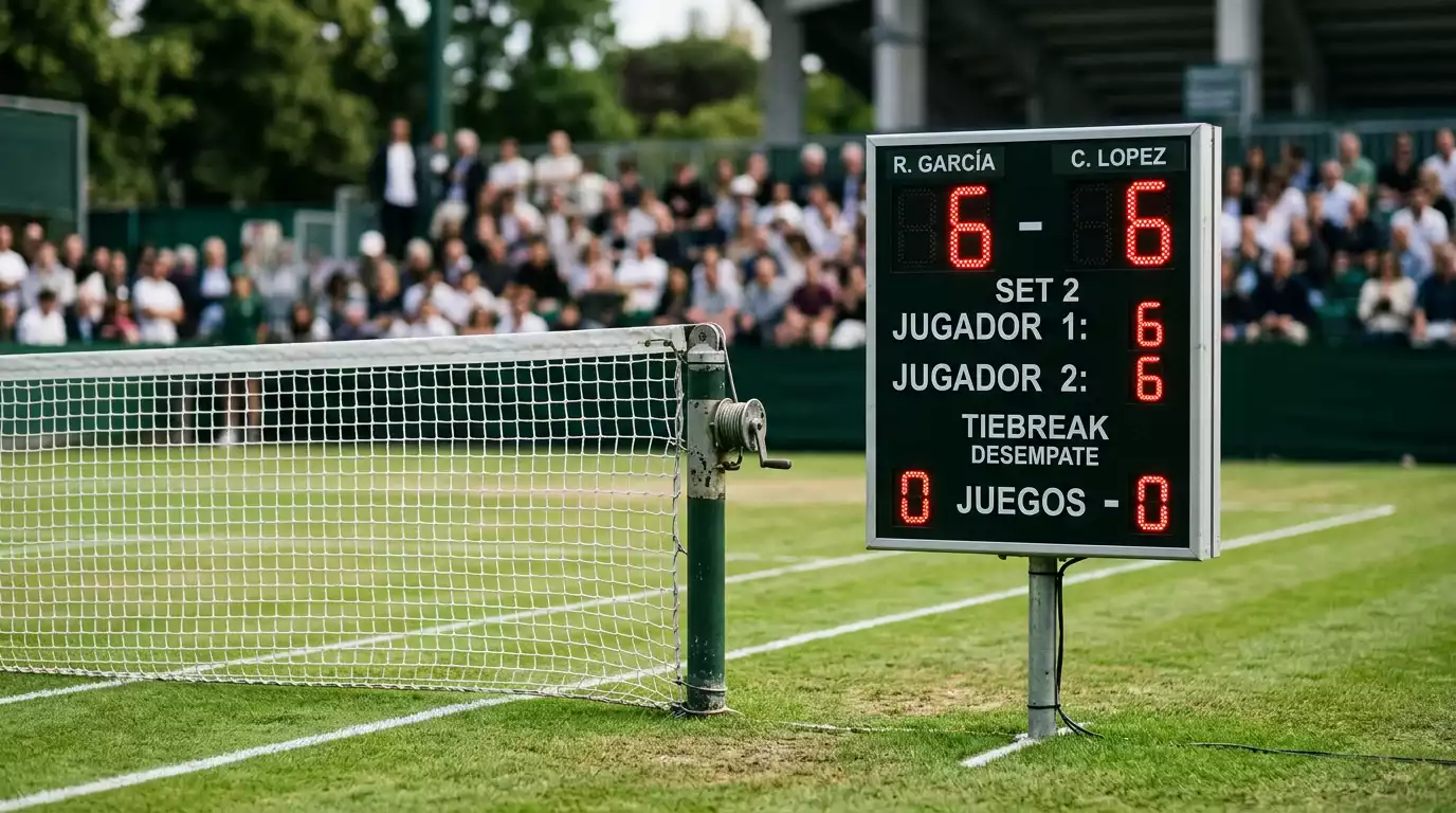 Marcador de tenis mostrando un empate 6-6 antes del tie-break en una pista de hierba