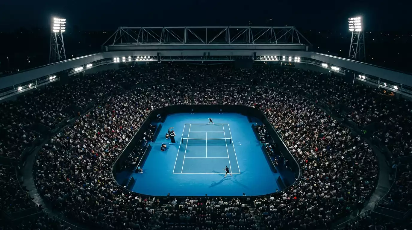 Vista aerea del estadio Arthur Ashe con la pista dura azul iluminada en sesión nocturna