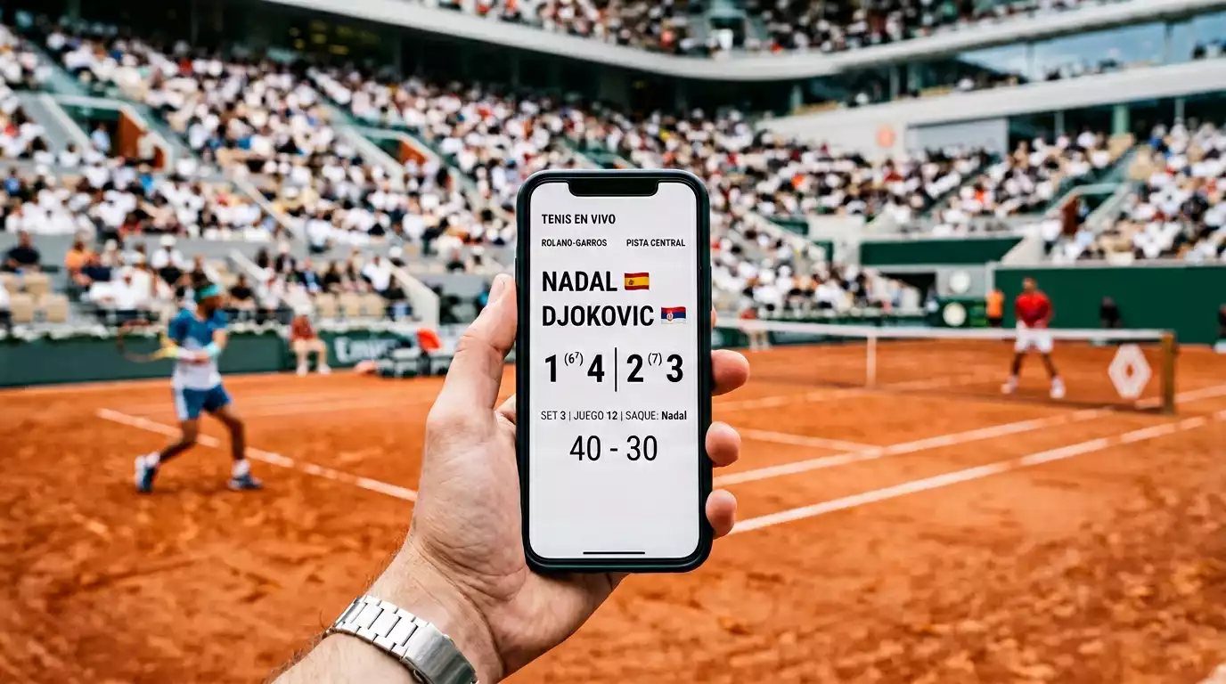 Mano sosteniendo un teléfono móvil con cuotas de tenis en directo junto a una pista de tenis