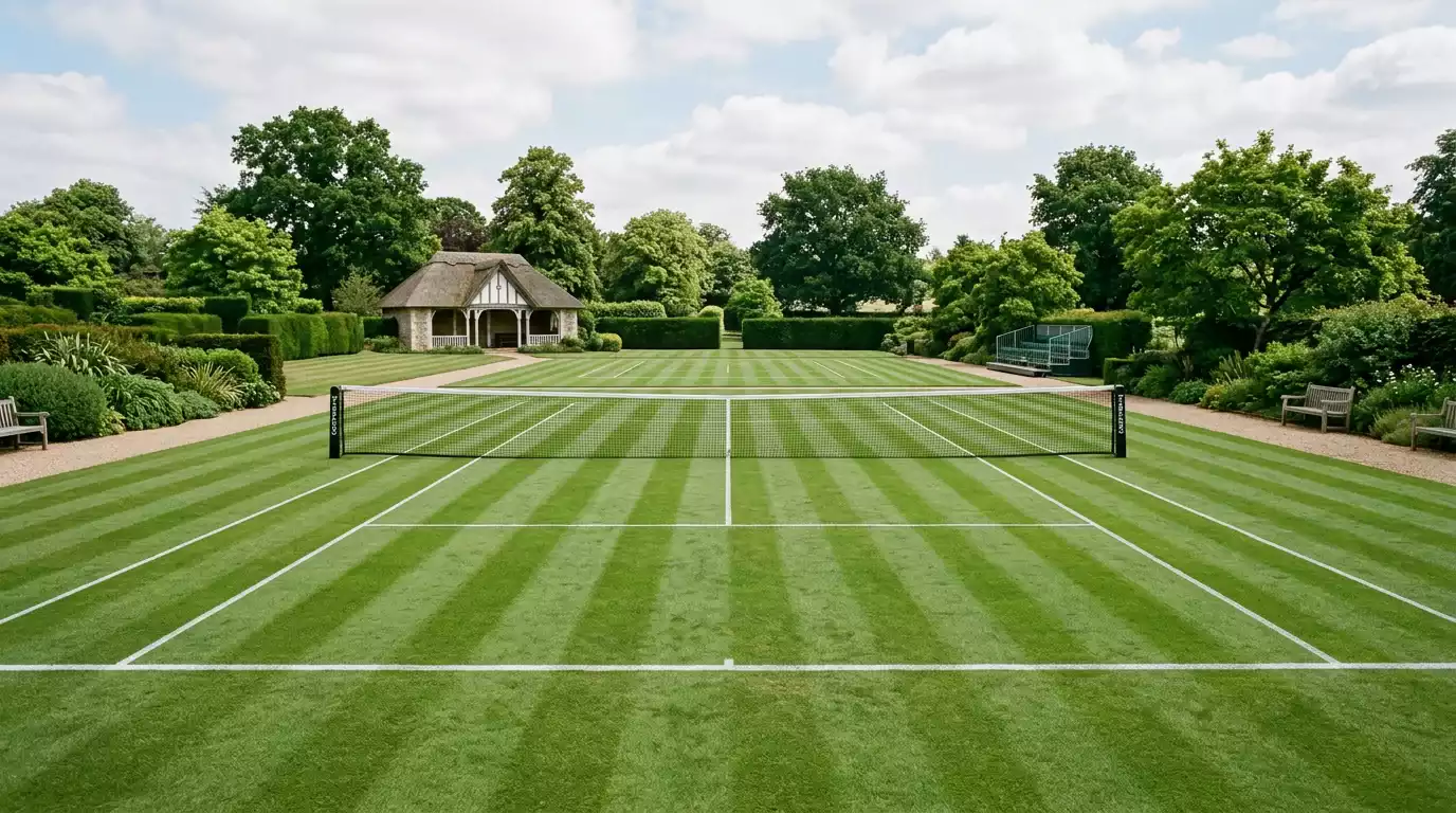 Pista de hierba de Wimbledon con líneas blancas y red al centro en día soleado
