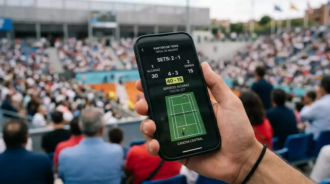 Maño sosteniendo un telefono móvil mostrando una pantallá de seguimiento de partido de tenis en tiempo real