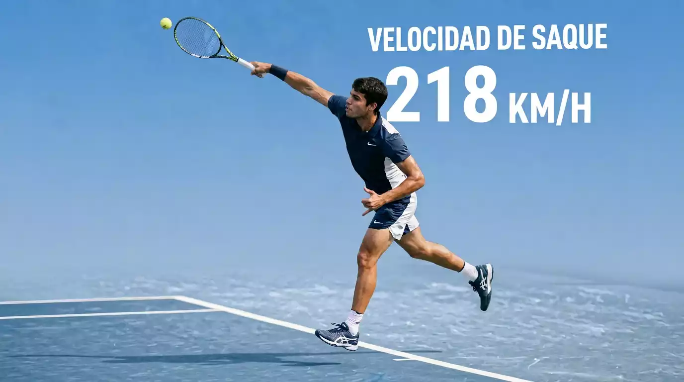 Tenista en el momento del saque con un radar de velocidad visible al fondo de la pista
