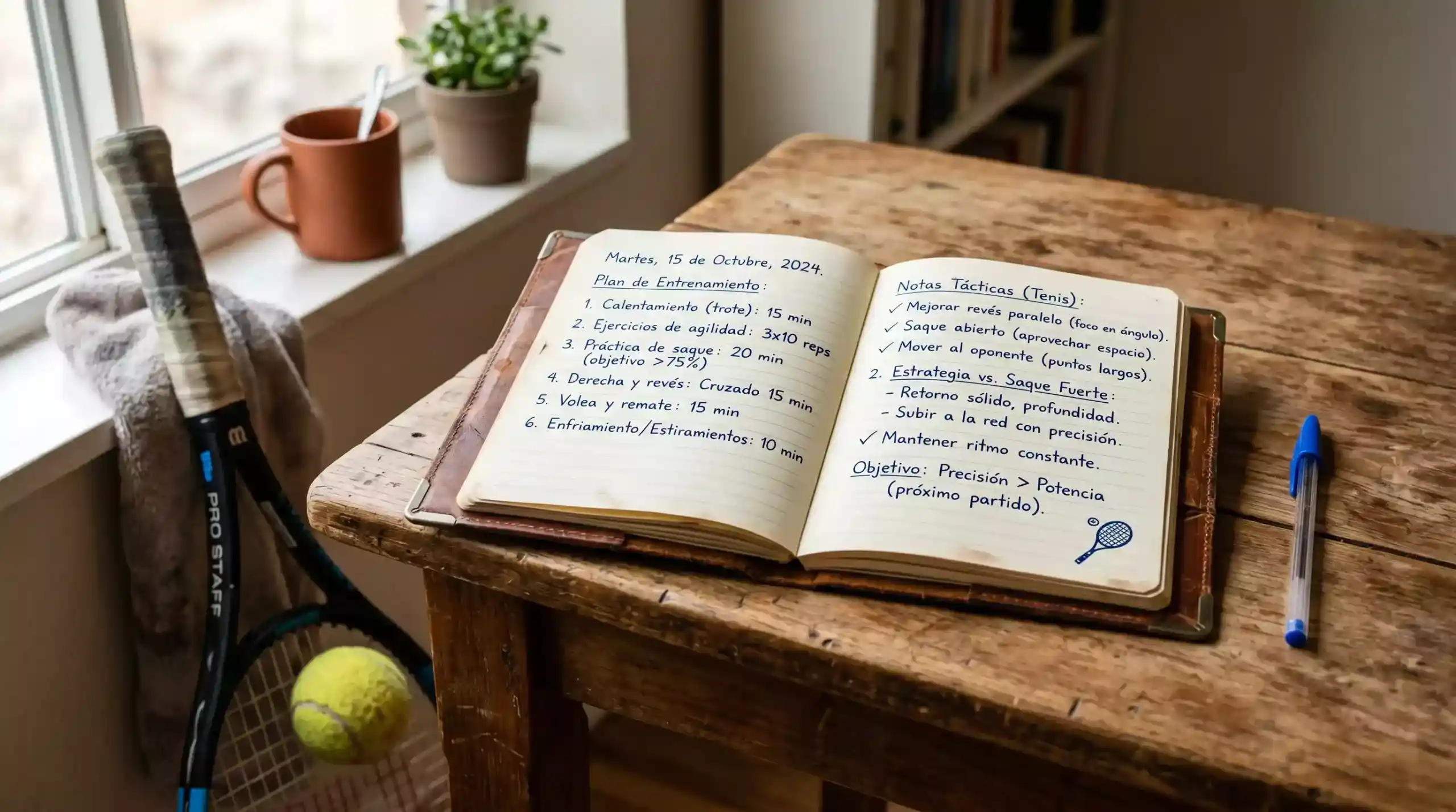 Cuaderno de notas abierto con anotaciones sobre estadísticas de tenis junto a una raqueta sobre una mesa de madera