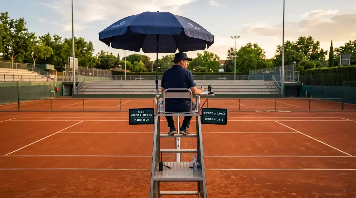 Árbitro de silla en una pista de tenis profesional supervisando un partido con pantallas de datos