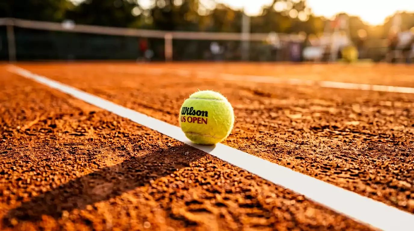 Pelota de tenis sobre una pista de tierra batida con líneas de mercado superpuestas