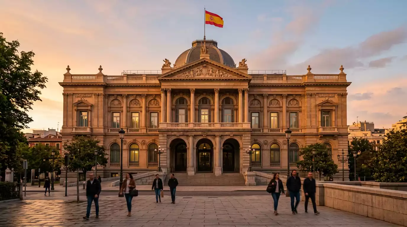 Fachada de un edificio institucional español con bandera de España al atardecer