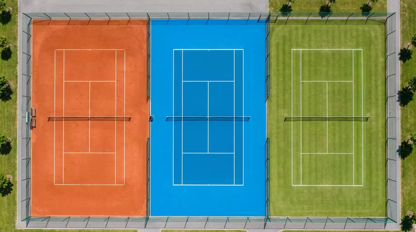 Tres pistas de tenis vistas desde arriba con superficies de tierra batida, hierba y pista dura