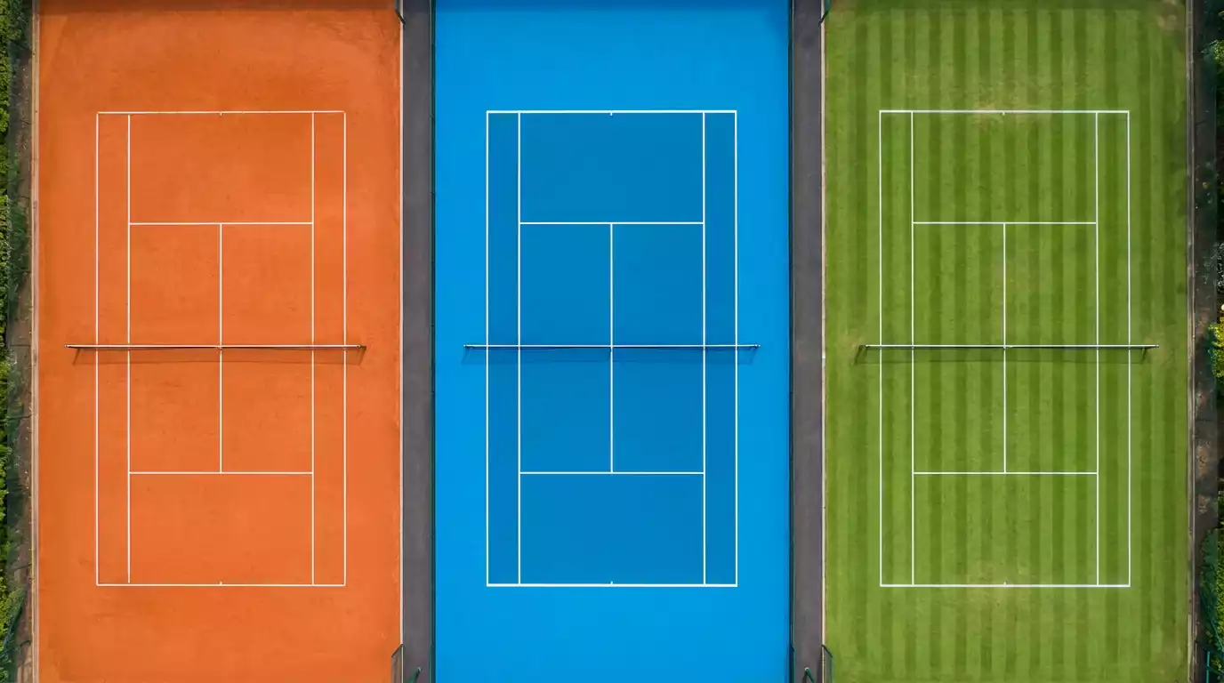 Tres pistas de tenis vistas desde arriba mostrando tierra batida, pista dura y hierba