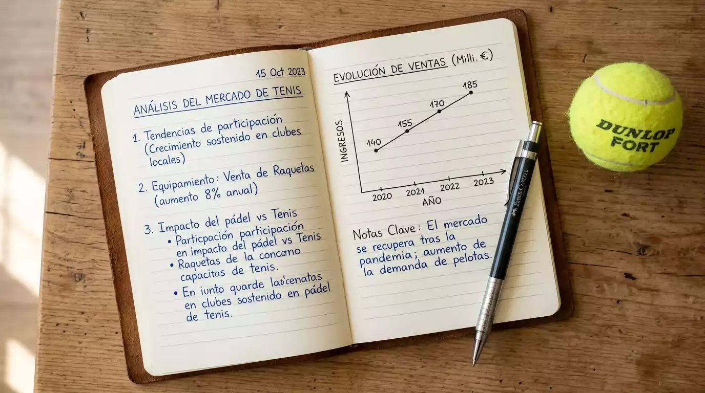 Cuaderno de análisis con anotaciones y graficos simples junto a una pelota de tenis sobre una mesa de madera
